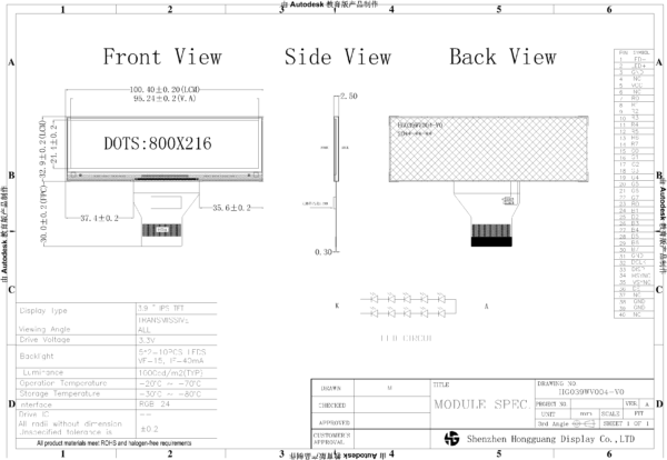 3.9 inch TFT LCD, IPS Panel, RGB, 800x216, High Brightness